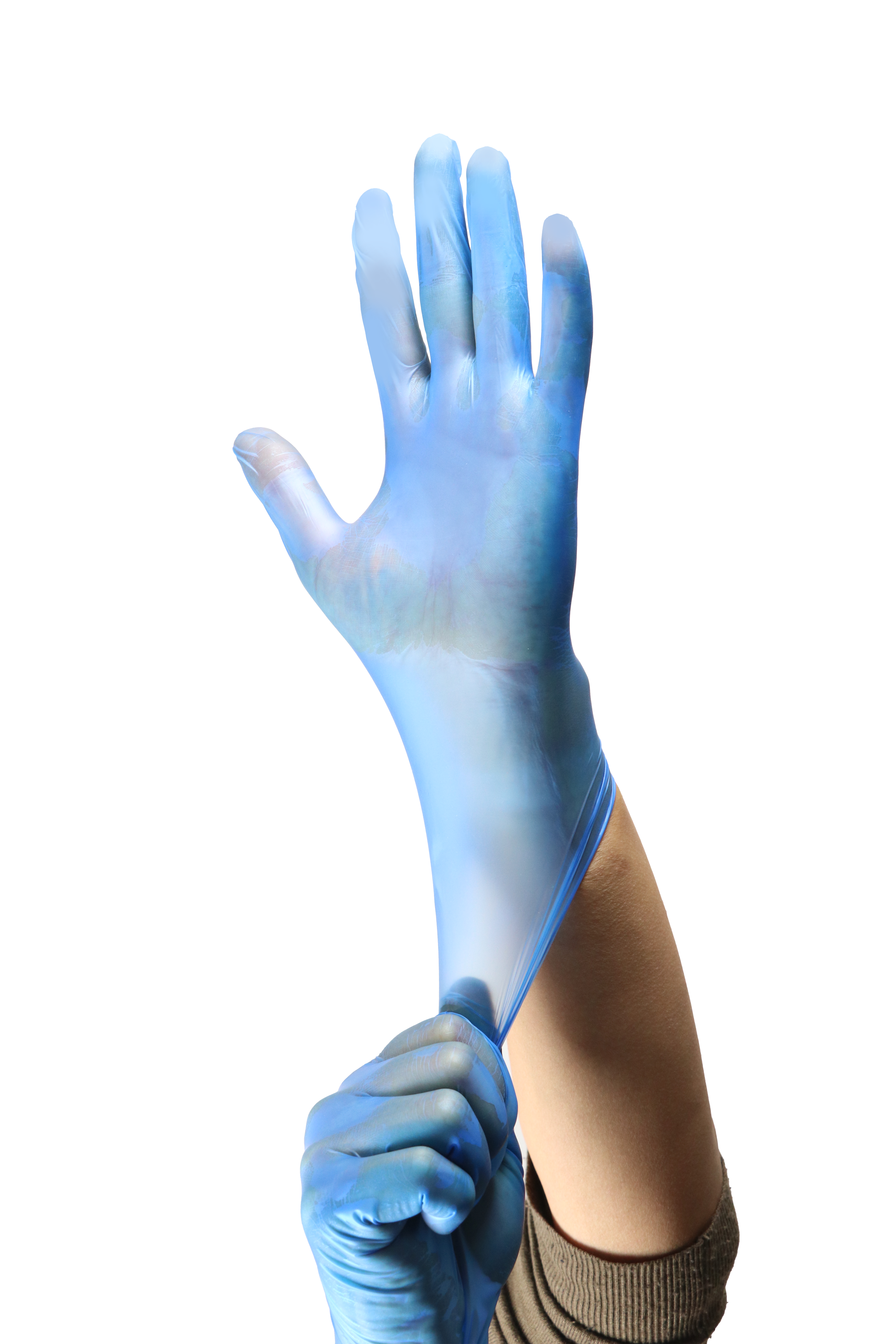 Blue vinyl gloves