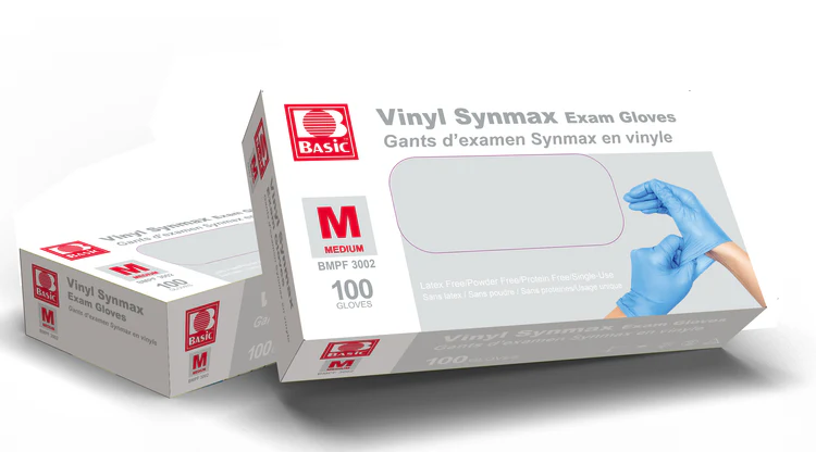 Blue vinyl gloves